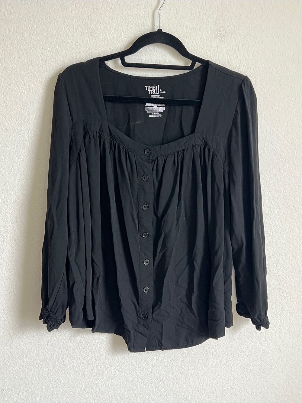 Time and Tru Black Button-Front Peasant Top Sz L Prairie Whimsy NWOT